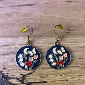 Blue Enamel Moon and Floral Earrings